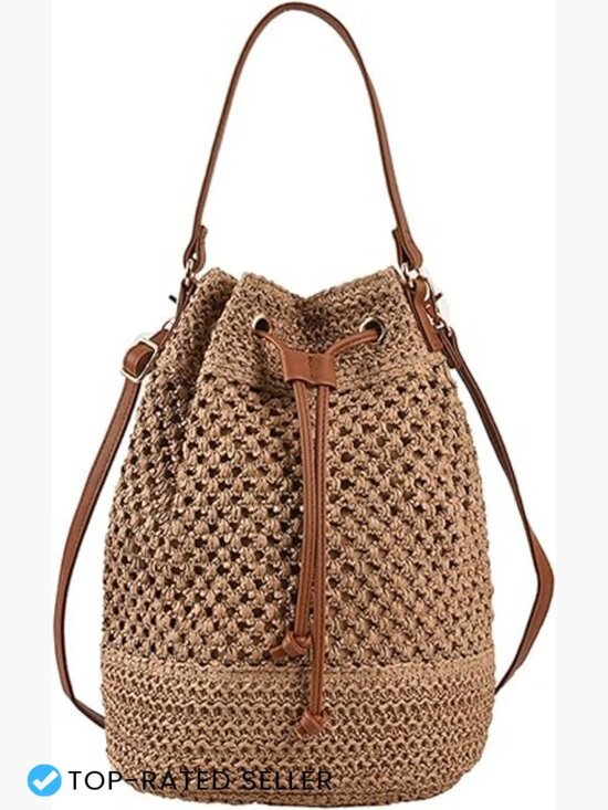 Handbags - Woven Straw Bucket Bag Summer Fashion Handbag Crossbody Hobo Drawstring Purse